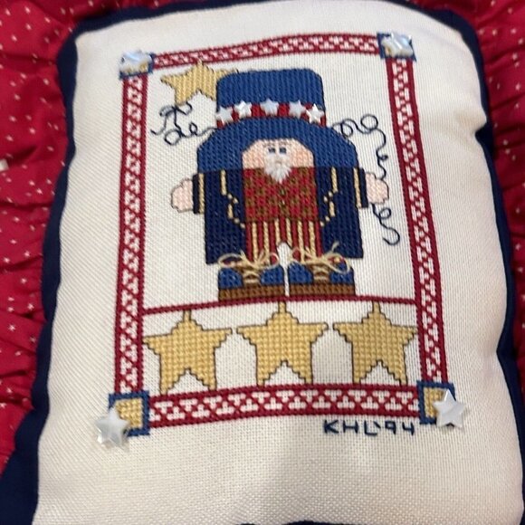 VTG Uncle Sam Cross Stitch Pillow USA Handmade Ruffle Red White Blue 12" x 10" - Picture 3 of 7